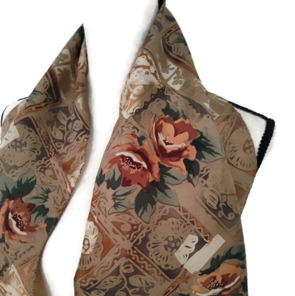 Hand Sewn Silk Scarf Parisian Grandmacore Oblong Floral Fall Autumn print - Picture 2 of 3